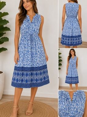 GAP Blue White Floral Sleeveless Midi Dress Cinch Waist Boho Cottagecore Size S